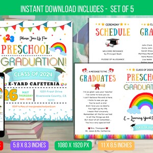 May include: A set of five printable cards for a preschool graduation ceremony. The cards feature a rainbow, graduation caps, and the text "Preschool Graduation!" in colorful letters. The cards are designed in a playful and festive style, perfect for celebrating a child's graduation from preschool.