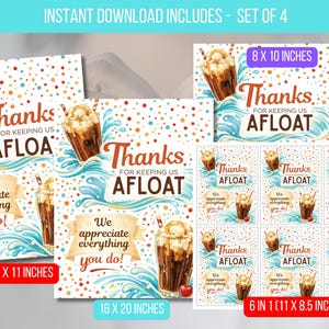 Puede incluir: Conjunto de cuatro diseños imprimibles con temática de batidos. Cada diseño presenta una ilustración de batido, las palabras "Gracias por mantenernos a flote" y "¡Agradecemos todo lo que haces!" en fuente manuscrita. Tamaños: 20x25, 21.6x28, 40.6x50.8 cm.