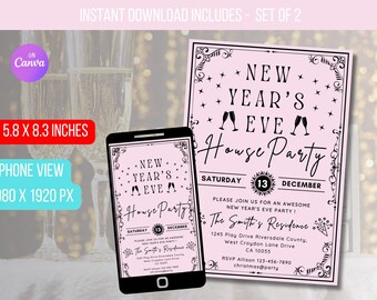 Convite para festa de Ano Novo EDITÁVEL, modelo de convite digital para festa de Ano Novo, convite digital de Feliz Ano Novo 2024 para download instantâneo