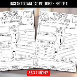 Peut inclure: Une fiche de travail imprimable en noir et blanc pour le mapping de versets, intitulée Verse Mapping, One Verse-Many Discoveries, avec sept sections numérotées pour l'étude biblique. Elle inclut des icônes de Bible, croix et date, mesurant 21,59 x 27,94 cm.