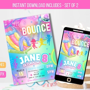 Editable Bounce House Birthday Party Invitation, Bounce Jump And Play Birthday Party, Neon Glow Bouncy Castle Party Instant Download