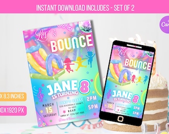 May include: A colorful invitation for a birthday party with a bounce house theme. The invitation features a rainbow background with a cartoon bounce house, stars, and the text "Let's Bounce". The invitation also includes the name "Jane" and the age "8".