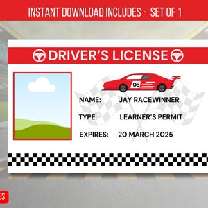 EDITABLE Race Car Drivers License Birthday Party Decorations, ID Badge Template For Kids License, Identification Card Instant Download