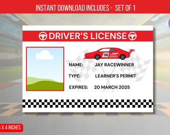 Decorazioni per feste di compleanno per patenti di guida per auto da corsa MODIFICABILI, modello di badge identificativo per patente per bambini, download immediato della carta d'identità