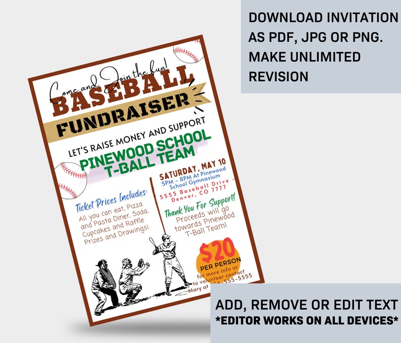 EDITABLE Baseball Fundraiser Flyer Template, School Benefit Poster ...