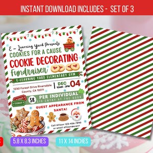 Peut inclure: Une affiche imprimable pour une collecte de fonds de décoration de biscuits au gymnase de l'école primaire E-Learning Yard. L'affiche présente un motif de rayures de canne à sucre rouge et verte, des biscuits en pain d'épices et une illustration du Père Noël. L'événement est prévu le 4 décembre de 10h à 15h. Le coût est de 8 € par personne.