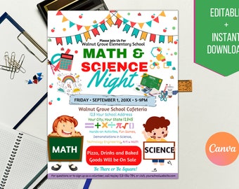 Editable Math and Science Night Flyer, PTO PTA School Flyer, Mathematics and Science School Fundraiser Template, Digital Printable