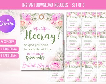 EDITABLE Sip Sip Hooray Bridal Shower Favor Tags, Favor Tag Template, Champagne Tags Wedding Blush Pink Floral Instant Download