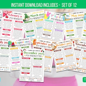 May include: A set of 12 printable monthly PTA newsletters for elementary schools. Each newsletter features a different seasonal theme with colorful illustrations and text. The newsletters are 8.5 x 11 inches.