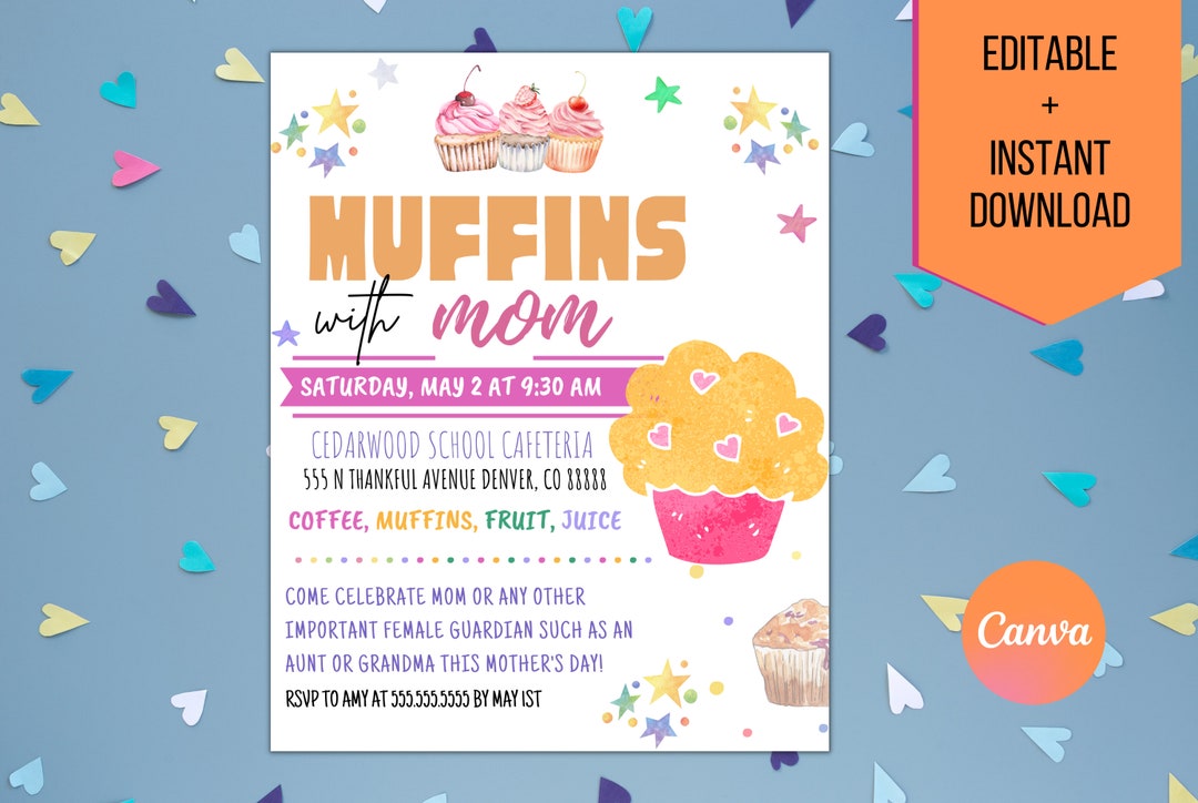 Editable Muffins With Mom, Mother's Day Invitation, School Mom