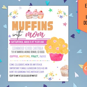 Editable Muffins With Mom, Mother&#39;s Day Invitation, School Mom Appreciation Fundraiser, PTA/PTO Mother&#39;s Day Brunch