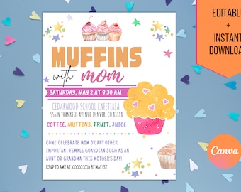 Muffins editables con mamá, invitación para el Día de la Madre, recaudación de fondos para madres de la escuela, brunch del Día de la Madre de la PTA/PTO