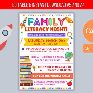 Editable Family Literacy Night Flyer, PTO PTA Reading Book Sale School Flyer, Book Fair School Church Flyer Printable, Digital Printable