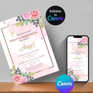 Modelo de convite para primeira comunhão, modelo elegante para primeira comunhão 5x7, convite rosa para comunhão para menina, celebração cristã.