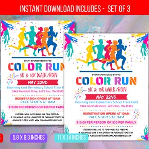 EDITABLE Color Run Invitation Flyer, School Community Fundraiser Event 5k 10k Race Charity School Benefit, Printable Poster Instant Download