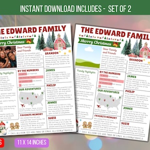 Boletín navideño editable, resumen del año, actualización familiar, resumen del año, publicación navideña con foto, infografía navideña de descarga instantánea.