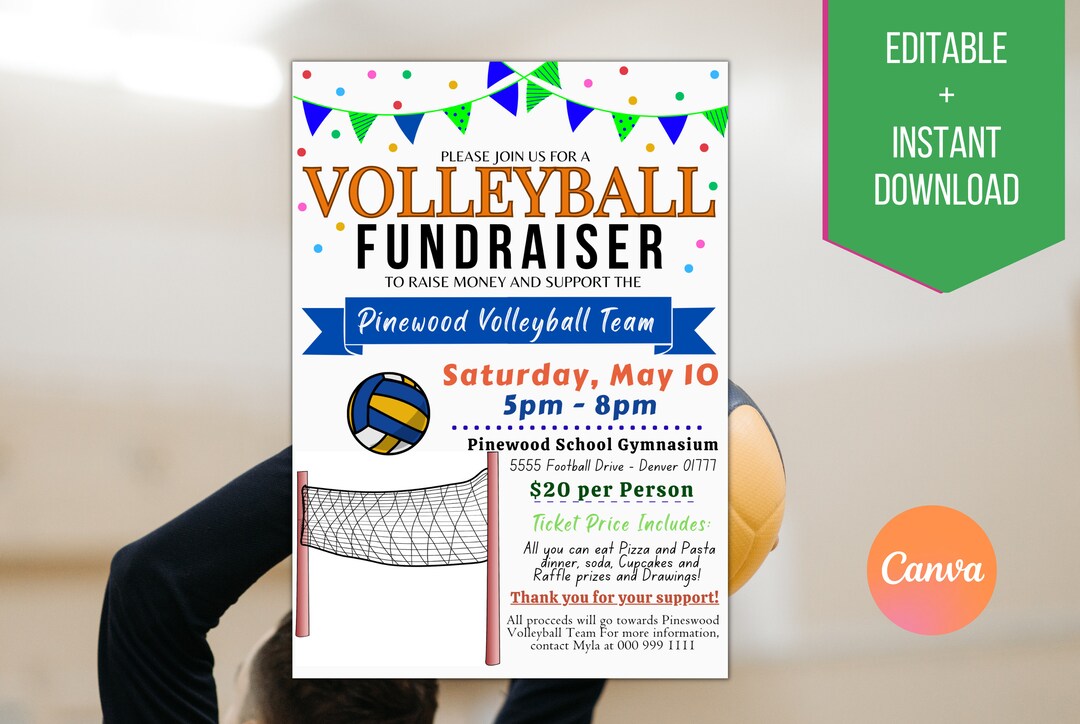 EDITABLE Volleyball Fundraiser Flyer Template, Charity Non Profit Event