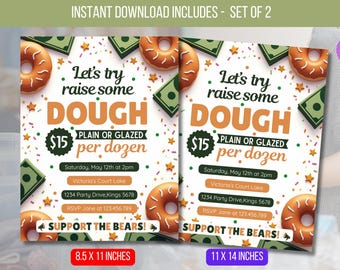 Könnte beinhalten: Zwei druckbare Einladungen mit Donut-Motiv. Das Design umfasst Donuts, Geldscheine und den Text "Let's try raise some DOUGH". Die Einladungen sind in 21,6 x 27,9 cm und 27,9 x 35,6 cm erhältlich.