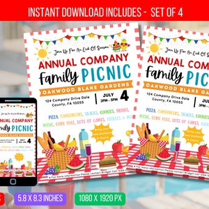 May include: Set of 4 digital downloads for an Annual Company Family Picnic. The design includes a picnic basket, food illustrations, and the text "Join Us For An End Of Season". The flyer is 8.5 x 11 inches.