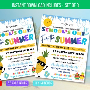 Op de afbeelding: Een set van drie printbare uitnodigingen voor een zomerse school-uit-feest. De uitnodigingen hebben een kleurrijk ontwerp met een ananas, een watermeloen en een ijsje. De tekst op de uitnodigingen luidt "School's Out for the Summer" en bevat de datum, tijd en locatie van het feest. De uitnodigingen zijn verkrijgbaar in drie formaten: 8,5 x 11 inch, 5,8 x 8,3 inch en 11 x 14 inch.