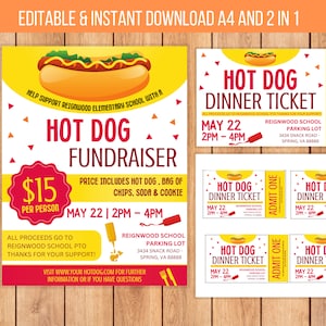 EDITIERBARER Hotdog Fundraiser Flyer mit Ticket, Printable PTA, PTO, Fundraiser Event in der Schulkirche, Teamsport Charity Printable