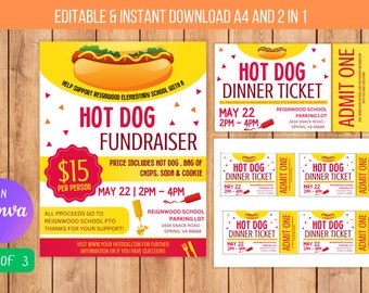 EDITABLE Hotdog Fundraiser Flyer with ticket, Printable PTA, PTO, School Church Fundraiser Event, Team Sports Charity Printable