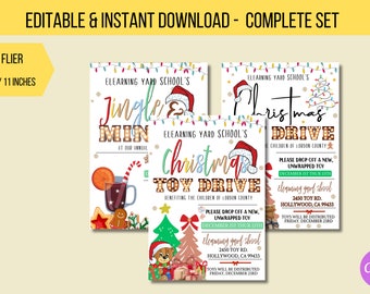 Può includere: Tre volantini stampabili per una raccolta di giocattoli di Natale. I volantini sono bianchi con accenti rossi, verdi e dorati. Il testo sui volantini recita "Jingle & Min", "Christmas Toy Drive" e "Christmas Drive".