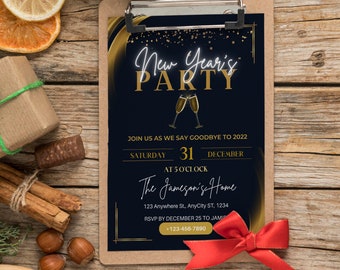 May include: A gold and black New Year's Eve party invitation with a champagne toast graphic. The invitation includes the date, time, and location of the party. RSVP by December 25th to Jamie at +123-456-7890.