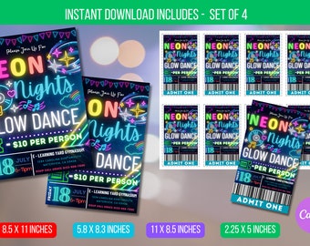 EDITABLE Neon Night Glow Dance Invitation Flyer with Invitation Ticket, Neon Glow School Dance Event, PTO PTA Instant Download
