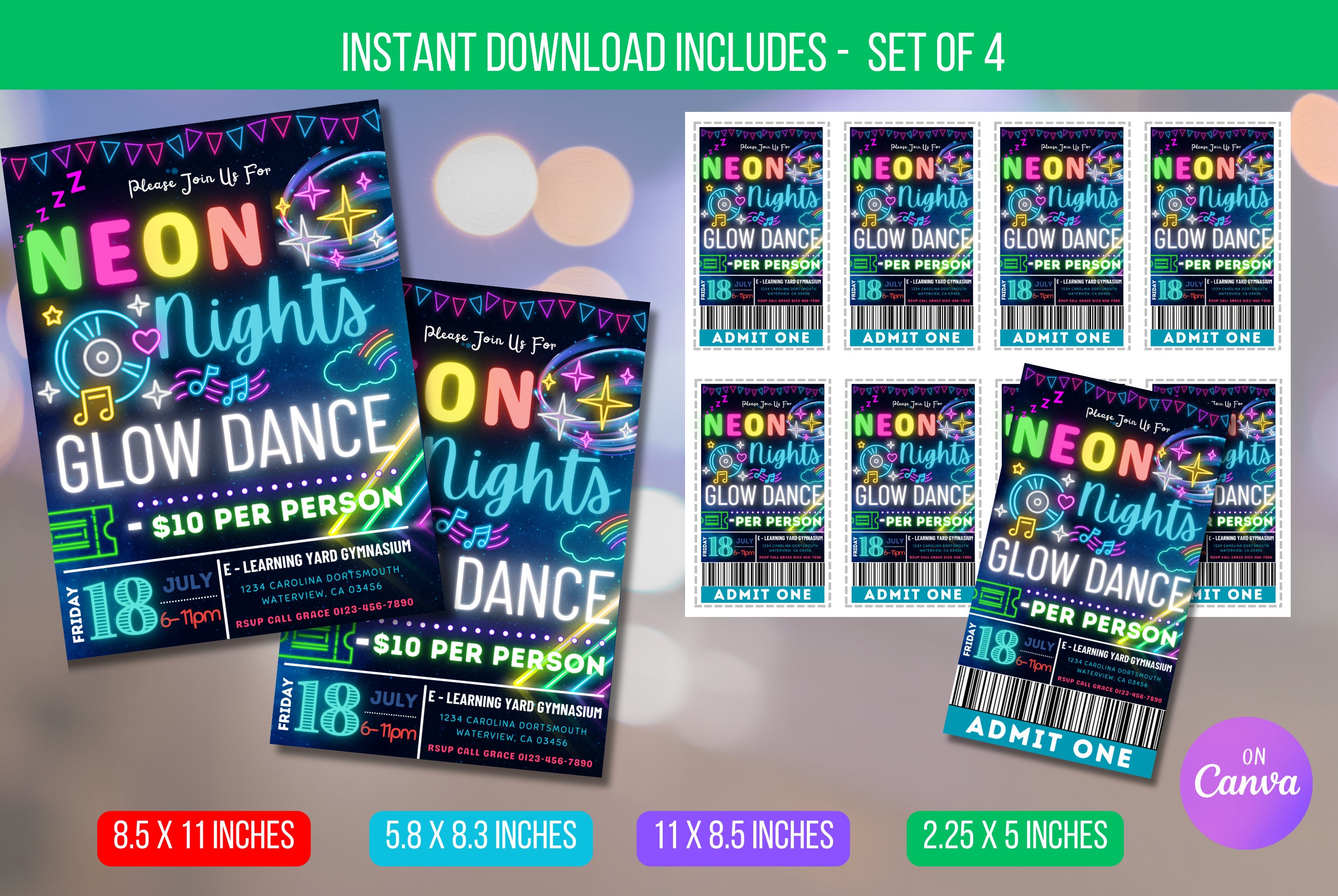 EDITABLE Neon Night Glow Dance Invitation Flyer With Invitation Ticket ...