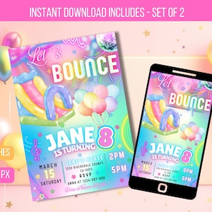 Editable Bounce House Birthday Party Invitation, Bounce Jump And Play Birthday Party, Neon Glow Bouncy Castle Party Instant Download