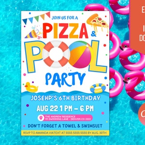Uitnodiging voor pizza- en zwembadfeest, einde van schoolfeest, afdrukbare uitnodiging terug naar school, zomer kinderen jongens zwembad verjaardag, BEWERKBARE SJABLOON