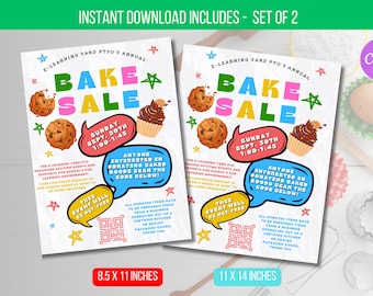 May include: Two printable flyers for a bake sale. The flyers are in a comic book style with colorful text and graphics. The flyers are for an E-Learning Yard PTO's annual bake sale. The flyers include the date, time, and a QR code for donations. The flyers are 8.5 x 11 inches and 11 x 14 inches.