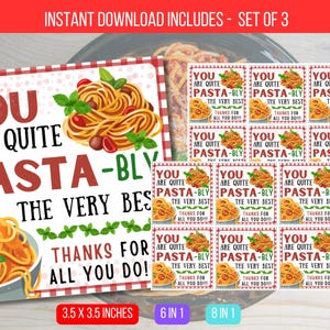 May include: A set of 3 printable gift tags featuring a red and white checked background with a bowl of spaghetti and meatballs. The text on the tags reads "You are quite pasta-bly the very best. Thanks for all you do!" The tags are 3.5 x 3.5 inches.