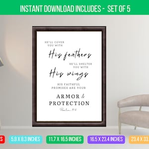 May include: A black and white printable wall art design with the text "He'll cover you with His feathers. He'll shelter you with His wings. His faithful promises are your armor & protection. Psalm 91:4". The design is framed in a black frame and is displayed on a white wall.