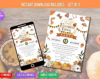May include: Fall Favorite Things Party invitation with a white background, orange, brown, and green watercolor illustrations, and text that reads "Fall Favorite Things Party" and "Saturday 13 November".