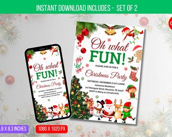 May include: A printable Christmas party invitation with a festive design featuring a Christmas tree, Santa Claus, a snowman, and elves. The text reads "Oh what FUN! Please join us for a Christmas Party" with the date, time, and location of the party.