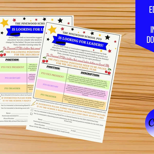 Printable School Board PTO pta Election Recruitment Flyer, School  Handout, We Need You Volunteer Positions, EDITABLE TEMPLATE.