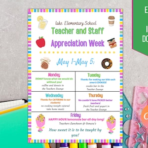 Editable Teacher Appreciation Staff Invitation Family Newsletter, Printable Appreciation Week of Events, Take Home Flyer, INSTANT DOWNLOAD