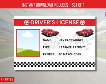 Decorazioni per feste di compleanno per patenti di guida per auto da corsa MODIFICABILI, modello di badge identificativo per patente per bambini, download immediato della carta d'identità