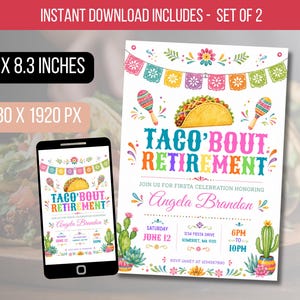May include: A digital invitation template for a retirement party featuring the text Taco'bout Retirement, a taco, maracas, and cacti. The design includes colorful papel picado banners, measures 5.8 x 8.3 inches, and is 1080 x 1920 pixels.