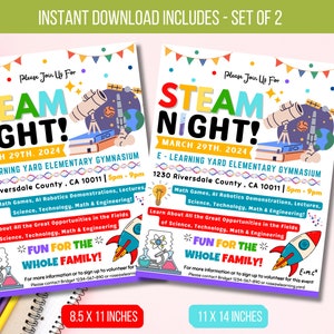 EDITABLE Family Steam Night Flyer, School PTA PTO Flyer, Community Church Fundraiser, Math Science Tech Educational Event Poster, Printable