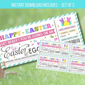 Puede incluir: Entradas para la búsqueda de huevos de Pascua con el texto "Felices Pascuas" en colores brillantes. Las entradas miden 20,3 x 8,9 cm e incluyen la fecha, la hora y un espacio para un mensaje personal. La imagen también muestra una cesta de huevos de Pascua.