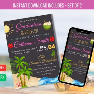 Editable Luau Graduation Invitation, High School Senior Graduate, Chalkboard Printable College Graduate Tropical Invite Download