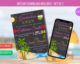 Puede incluir: Una invitación digital para una Graduación Luau, con un tema tropical con palmeras, un sol y un coco. La invitación mide 14,7 x 21,1 cm e incluye el texto "Catherine Smith" y los detalles del evento. La imagen también muestra la invitación en un smartphone.