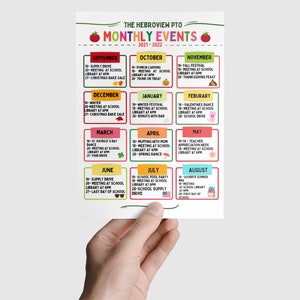 Editable Monthly Event Calendar Flyer Template, Year at a Glance, School Year Fundraiser Event, Volunteer Meeting Agenda image 3