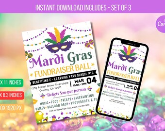 Editable Mardi Gras Invitation Flyer Template, Mardi Gras Class Party Invite, Masquerade Ball, Mardi Gras Fundraiser Invite Instant Download
