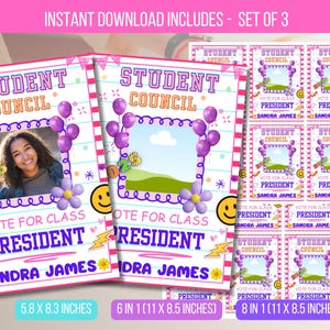 Peut inclure: Ensemble de trois affiches de campagne pour le conseil étudiant. Les affiches sont roses et blanches avec des accents violets, avec un cadre photo, des ballons et le texte "Votez pour le président de classe Sandra James."