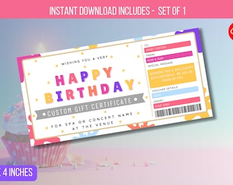 Op de afbeelding: Een afdrukbare cadeaubon-sjabloon van 8x4 inch met een kleurrijk abstract ontwerp. De tekst luidt "Wishing you a very Happy Birthday. Custom Gift Certificate. For Spa or Concert Name at the Venue."