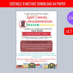 Invitation à une réunion de quartier sur la sécurité, flyer de réunion de surveillance de quartier, événement scolaire communautaire de l'église, modèle MODIFIABLE TÉLÉCHARGEMENT IMMÉDIAT